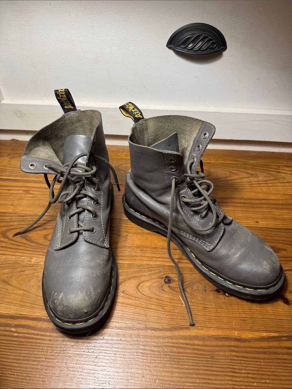 doc martens grey combat boot well worn beaten up used